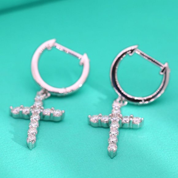 Certified 2mm Moissanite Diamond Cross Huggie Hoop Earrings NEW - Picture 3 of 10